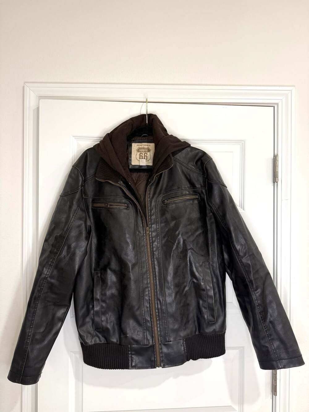Route 66 Original Clothing Co. Men's Faux Leather Bomber Jacket with Hood Size L